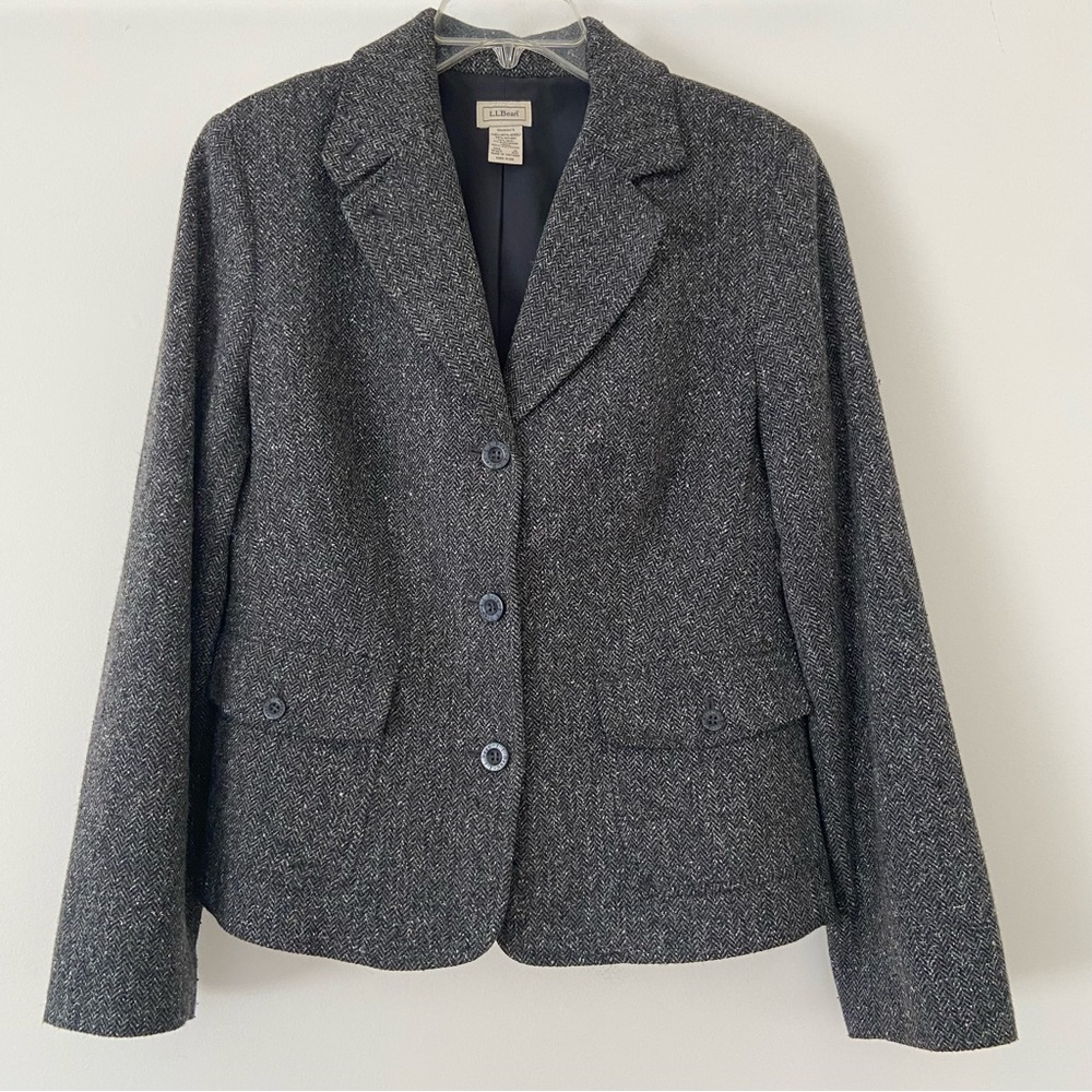LL Bean Blazer Women’s M Wool Silk Blend Herringbone Tweed Gray Career Office